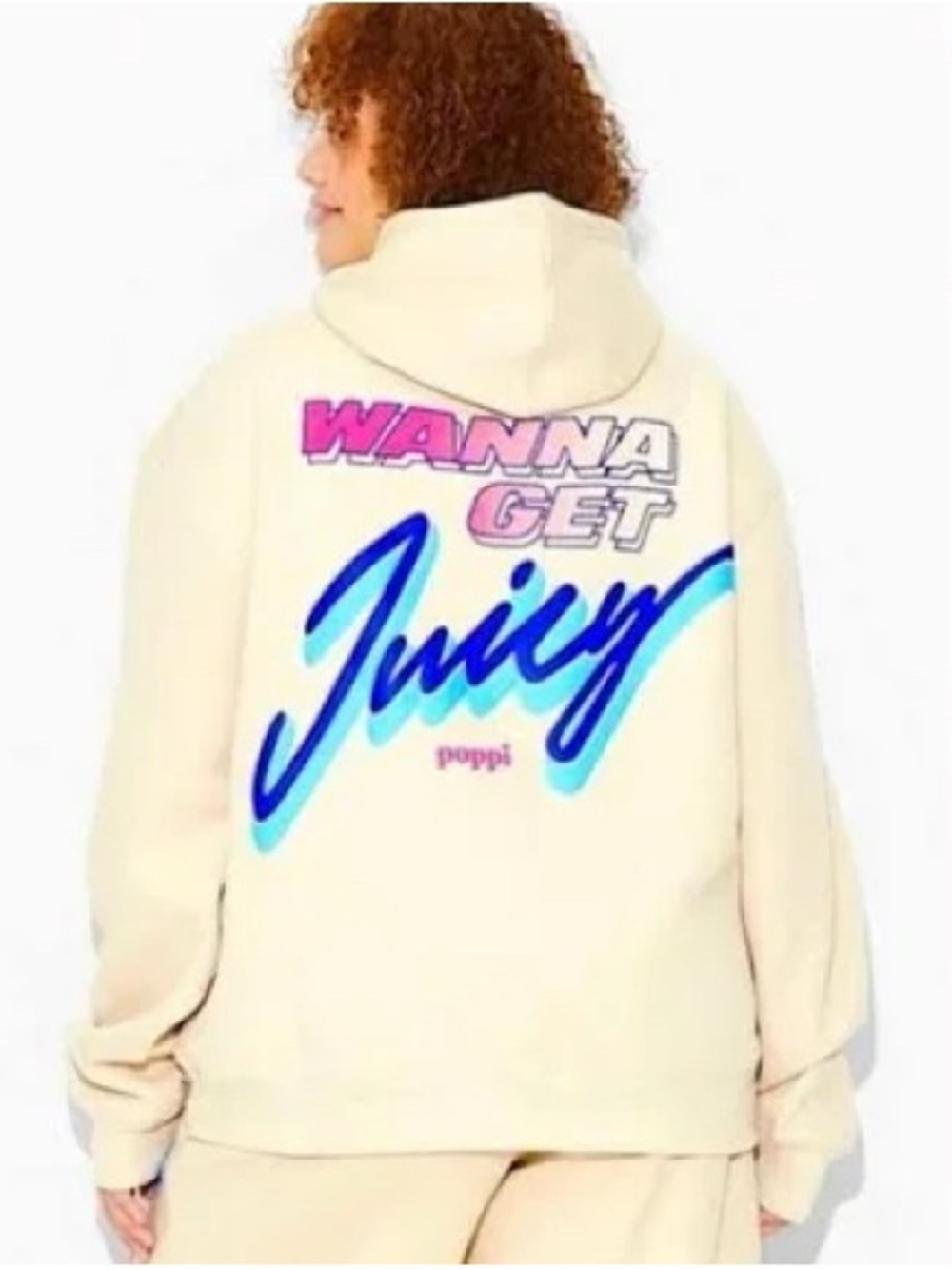 Target Cream Hoodie with Pink and Blue Graphic "Wanna Get Juicy"